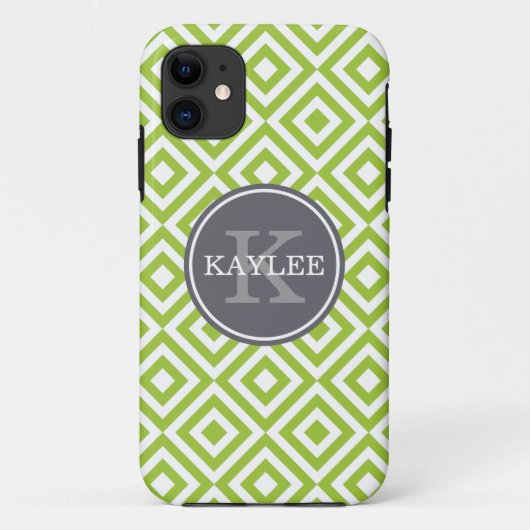 Monogrammed Lime Green Geometric Diamond Pattern Case-Mate iPhone Case (Achterkant)