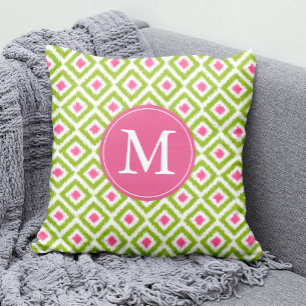 Monogrammed Lime Green Pink Diamonds Ikat Pattern Kussen