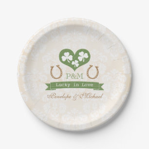 Monogrammed Lucky Hoefijzer en Shamrock Wedding Papieren Bordje