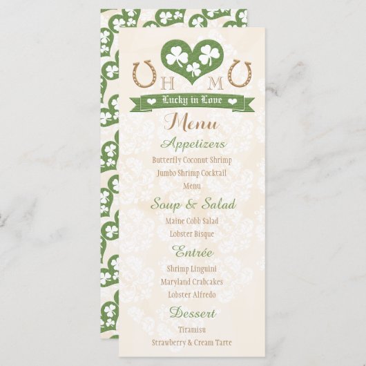 Monogrammed Lucky in Love Shamrock Menu Mariage (Devant / Derrière)