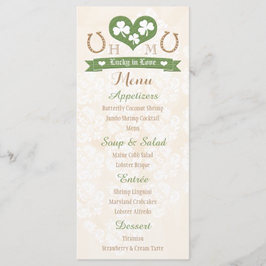 Monogrammed Lucky in Love Shamrock Wedding Menu (Voorkant)