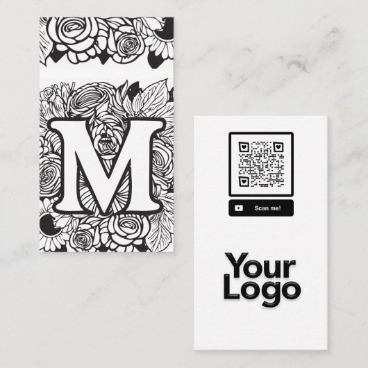 Monogrammed M Zwart-wit Bloemen QR Code Logo Visitekaartje (Voorkant / Achterkant)