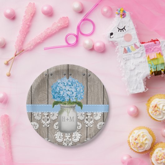 Monogrammed Mason Jar Blue Hydrangea Wedding Papieren Bordje (Feest)