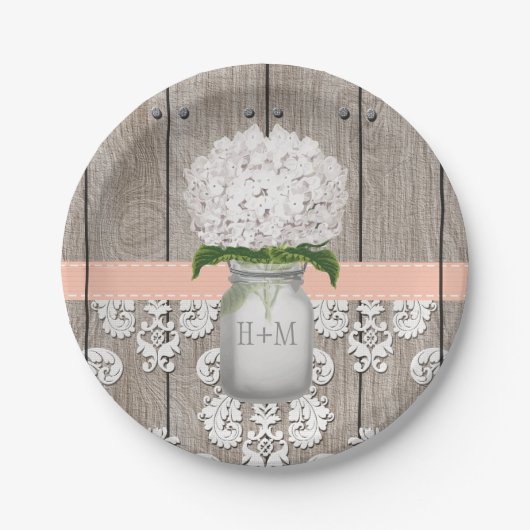 Monogrammed Mason Jar Peach Hydrangea bruiloft Papieren Bordje (Voorkant)