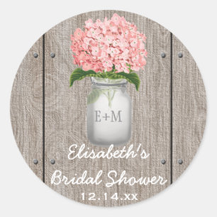 Monogrammed Mason Jar Pink Hydrangea Vrijgezellenf Ronde Sticker
