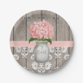 Monogrammed Mason Jar Pink Hydrangea Wedding Papieren Bordje (Voorkant)