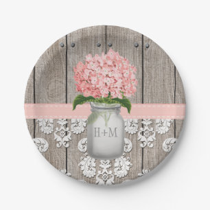 Monogrammed Mason Jar Pink Hydrangea Wedding Papieren Bordje