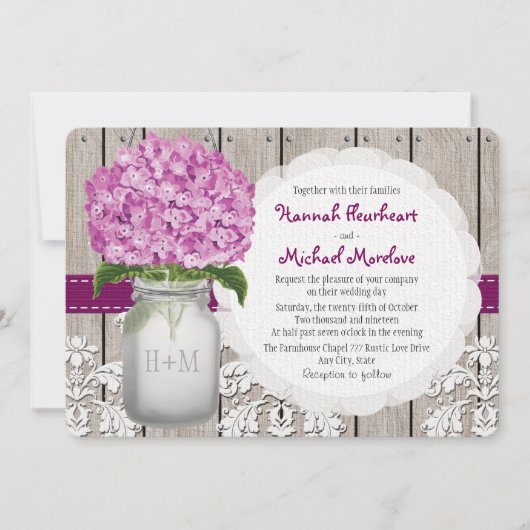 Monogrammed Mason Jar Plum Hydrangea Wedding Kaart (Voorkant)