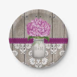 Monogrammed Mason Jar Plum Hydrangea Wedding Papieren Bordje