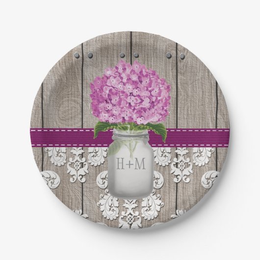 Monogrammed Mason Jar Plum Hydrangea Wedding Papieren Bordje (Voorkant)