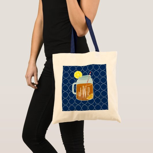Monogrammed Mason Jar Sweet Tea - Navy Quatrefoil Tote Bag (Voorkant (product))