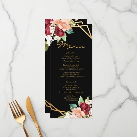 Monogrammed Menu Zwart Goud Bloemen Bruiloft (Voorkant / Achterkant in situ)