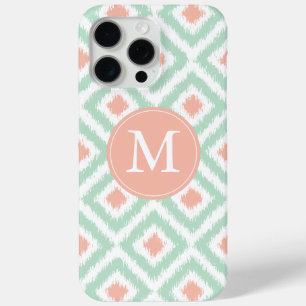 Monogrammed Mint Coral Diamond Ikat Pattern iPhone 15 Pro Max Hoesje