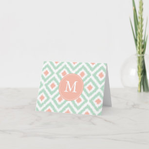 Monogrammed Mint Coral Diamonds Ikat Pattern Notitiekaartje