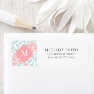 Monogrammed Mint Coral Floral Damask Pattern Etiket