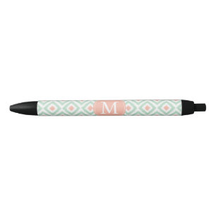 Monogrammed Mint en Coral Diamonds Ikat Pattern Zwarte Inkt Pen