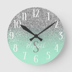 Monogrammed Mint Green en Silver Glitter Ombre Ronde Klok