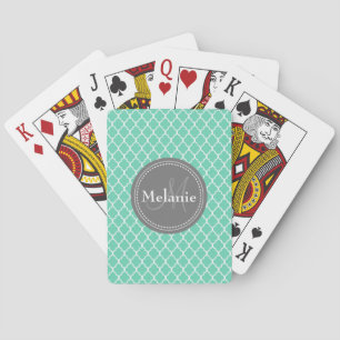 Monogrammed Mint White Moroccan Lattice Pattern Speelkaarten