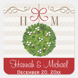 Monogrammed Mistletoe Kissing Ball Vierkante Sticker