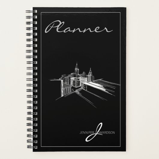 Monogrammed Modern Black Elegant Vibrant City Plan Planner (Voorkant)
