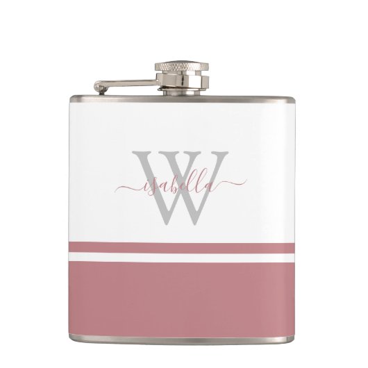 Monogrammed Modern Script Dusty Roos Heupfles (Voorkant)