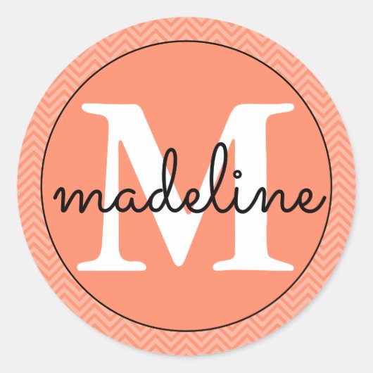 Monogrammed Moderne Roze/Witte Ronde Sticker (Voorkant)