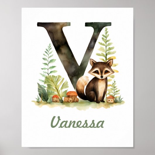 Monogrammed naam kwekerij Poster Woodland letter V (Voorkant)