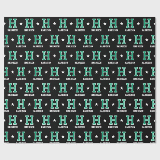 Monogrammed Naam Star Green Black Custom Cadeaupapier (Vlak)