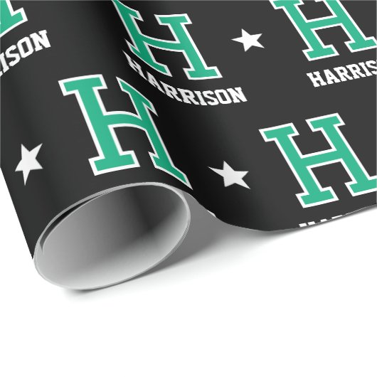 Monogrammed Naam Star Green Black Custom Cadeaupapier (Rol Hoek)