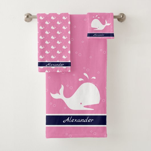 Monogrammed Name Cartoon Whale Navy Blue Pink Bad Handdoek (Insitu)