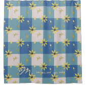 Monogrammed name floral rustic blue gingham douchegordijn (Voorkant)