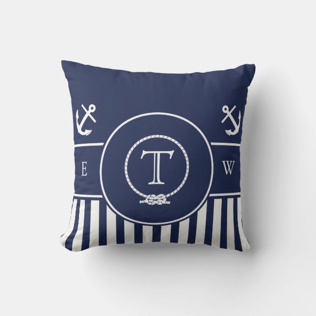 Monogrammed Nautical Navy Blue Anchor and Line Kussen (Voorkant)