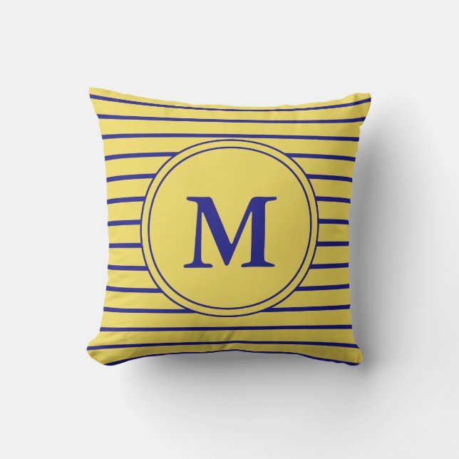 Monogrammed Navy Blue and Yellow Striped Pattern Buitenkussen (Voorkant)