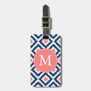 Monogrammed Navy Blue Coral Diamonds Ikat Pattern Bagagelabel