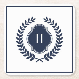 Monogrammed Navy-Blue Crest Wreath Vierkante Kartonnen Onderzetter