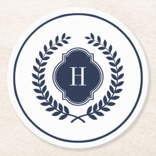 Monogrammed Navy-Blue Crest Wreatinecirkel Lijst Ronde Kartonnen Onderzetter