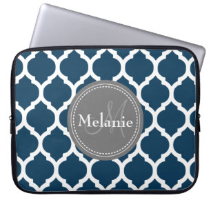 Monogrammed Navy Blue & Grey Quatrefoil Laptop Sleeve