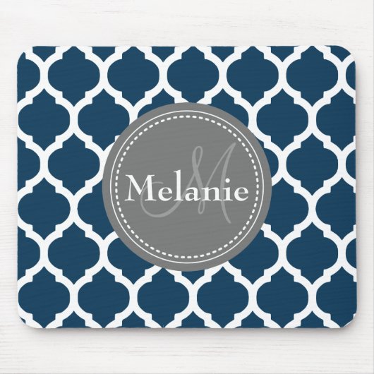 Monogrammed Navy Blue & Grey Quatrefoil Muismat (Voorkant)