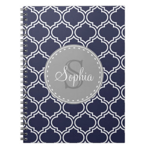Monogrammed Navy Blue Lattice Pattern Notitieboek