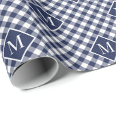 Monogrammed Navy Blue White Buffalo Check Pattern Cadeaupapier (Rol Hoek)