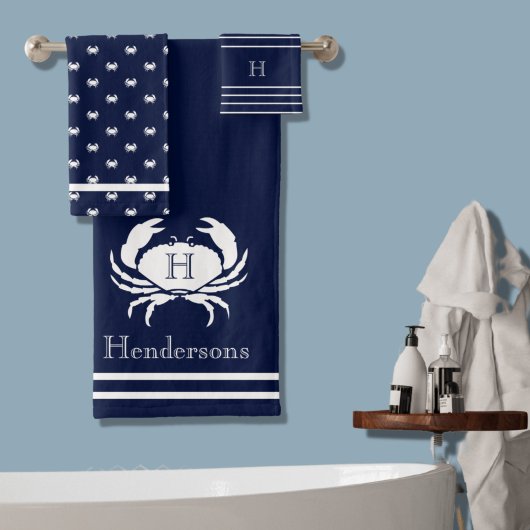 Monogrammed Navy Blue White Crab Nautical Bad Handdoek
