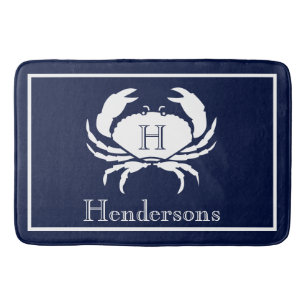 Monogrammed Navy Blue White Crab Nautical Badmat