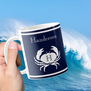 Monogrammed Navy Blue White Crab Nautical Koffiemok