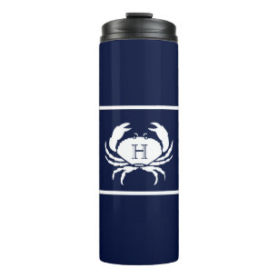 Monogrammed Navy Blue White Crab Nautical Thermosbeker