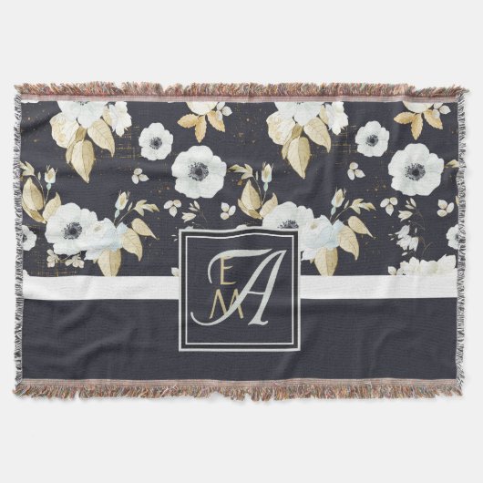 Monogrammed Navy Blue White Floral Decor Anemone Deken (Voorkant)