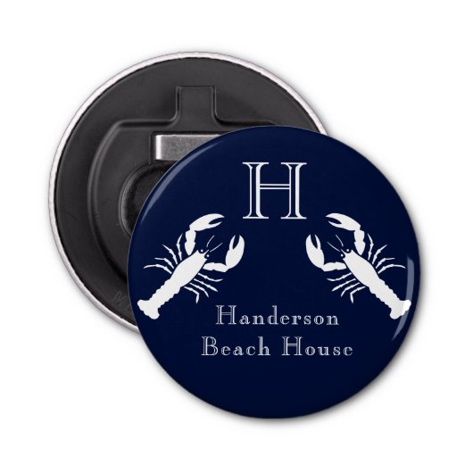 Monogrammed Navy Blue White Lobster Nautical Button Flesopener (Voorkant)