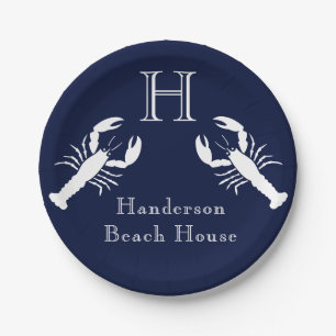 Monogrammed Navy Blue White Lobster Nautical Papieren Bordje