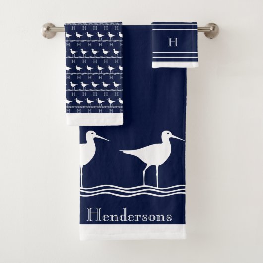 Monogrammed Navy Blue White Sandpipers Nautical Ba Bad Handdoek (Insitu)