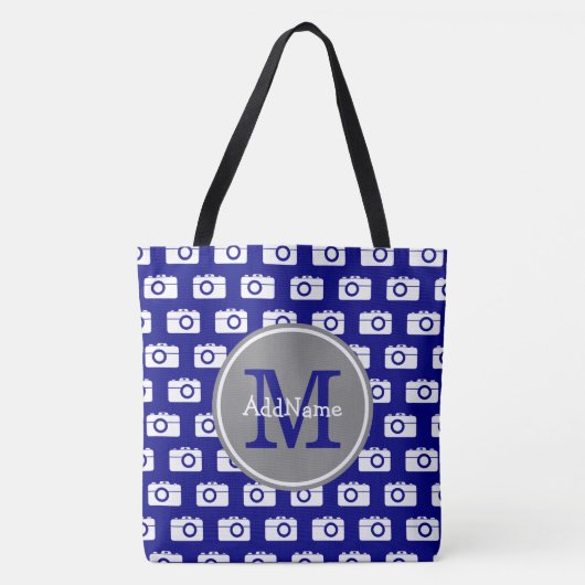 Monogrammed Navy Camera Pattern met de Naam van de Tote Bag (Voorkant)