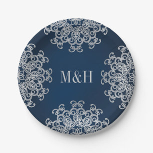 Monogrammed Navy en Silver Indian Style Wedding Papieren Bordje
